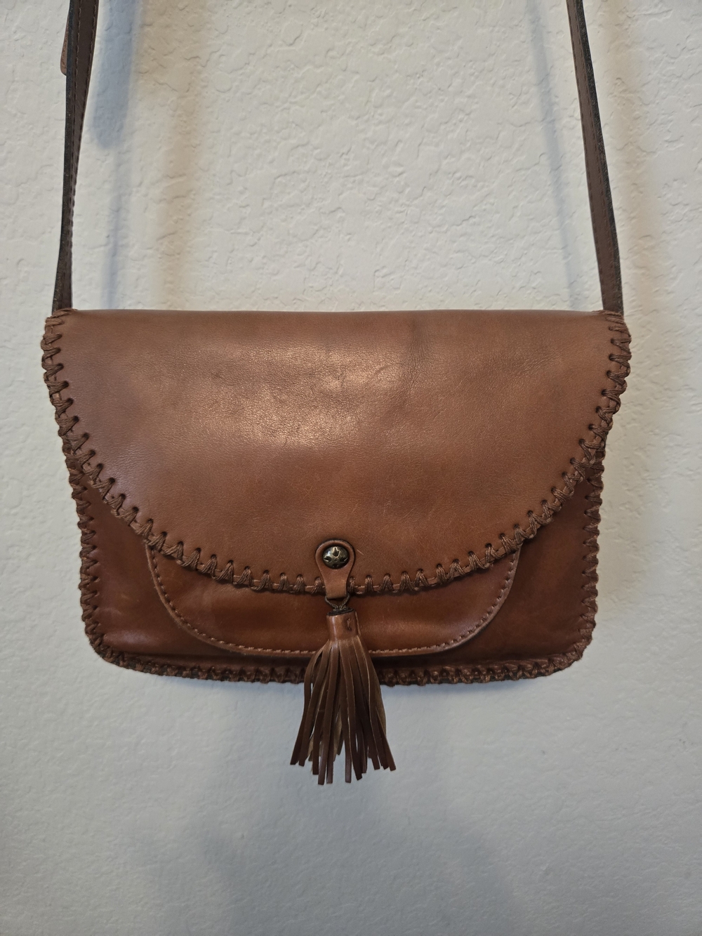 Patricia Nash Brown Leather Whipstitch Tassel Crossbody